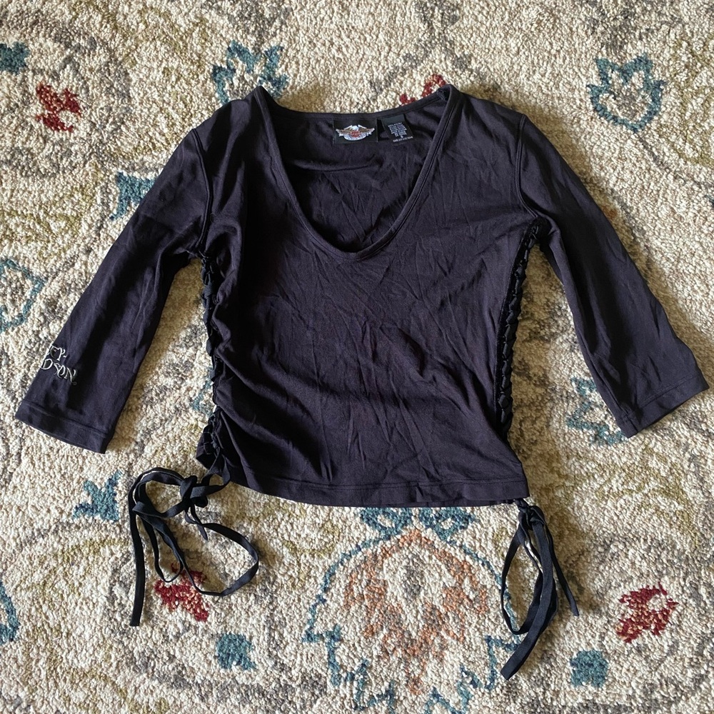 Black Harley - Davidson Cropped V-Neck 3/4 Sleeve w/ Lace-Up sides - Small
